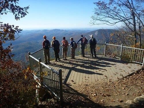 Group hikers mountain lake viewpoint