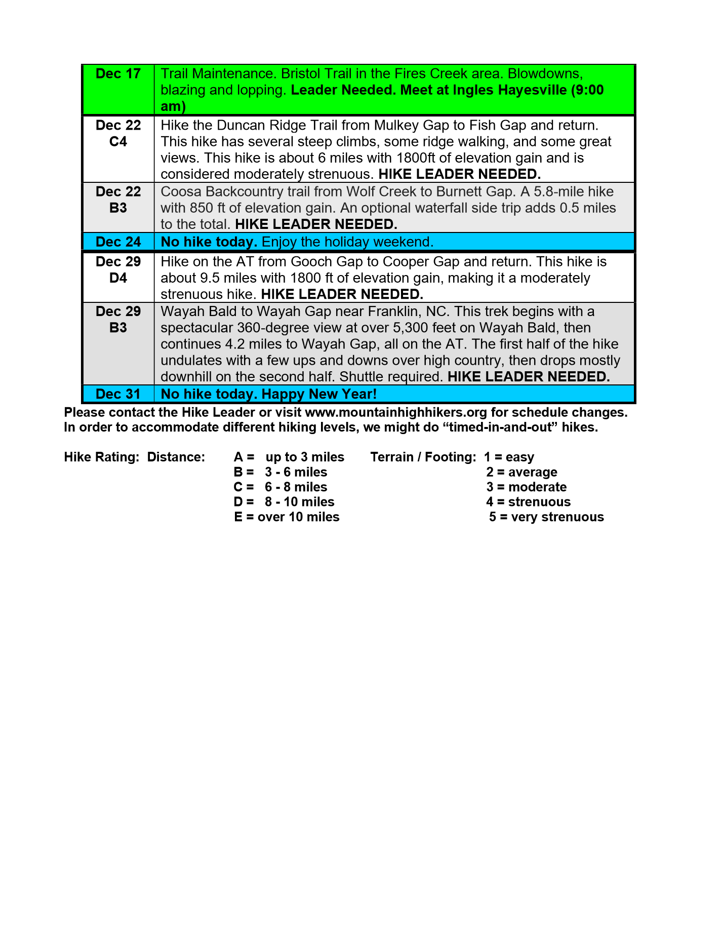 Mountain High Hikers Fall Q4 2026 schedule page 5